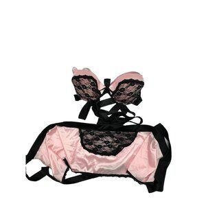 Pink & Black Lace Lingerie Set Bow Details Sexy‎ Intimate Wear Coquette